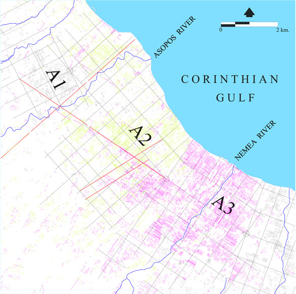 Modified satellite imagery demonstrating the fan-shaped centuriation from modern roads and property lines west of Corinth going towards Sikyon along the Corinthian Gulf.