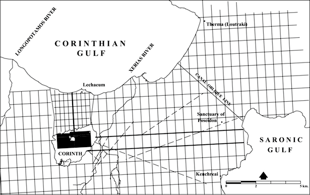 Caesarian colony, 44 B.C., north and east of Corinth including the rural land division composed of 16 × 24 actus units—8 × 12 actus units between the long walls—and including oblique lines as canal and suggested roadways.