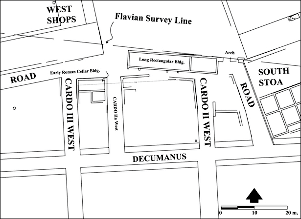 Detail of the area of Forum Southwest, cardo II west to cardo III west, and the decumanus, illustrating the points at which the surveyed measurement was taken. The “Long Rectangular Building” is identified with the likely location of the Flavian survey line.