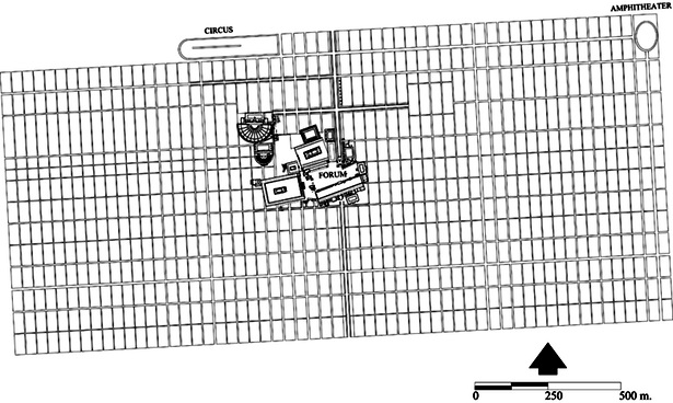 Restored Roman city plan, ca. A.D. 150, illustrating existing buildings and structures within “drawing board” plan.