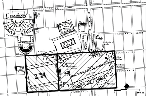 Roman Forum planning, illustrating original 6 × 4 actus area with additional 3 × 4 actus area to the west, corresponding with the later phase of Temple E—A.D. 70s.