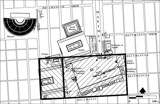 Roman Forum planning, illustrating original 6 x 4 actus area with additional 2 × 4 actus area to west, corresponding with the early phase of Temple E—early 1st century B.C.E.