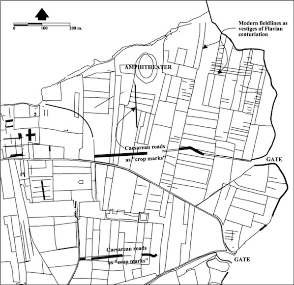 Vestiges of Caesarian and Vespasianic centuriation revealed via cropmarks.