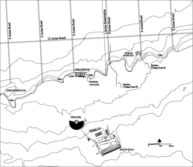 Greek Corinth, 146–44 B.C., with northern Greek circuit wall and interim period Roman land division to the north of the city. Portions of the two modern village roads are indicated.