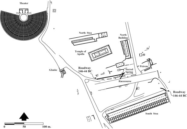 Greek Corinth, 146-44 B.C., illustrating the locations of the two east-west interim period roadways.