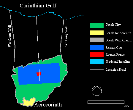 A simple outline map with color coding to indicate comparative sizes and locations of the Greek and Roman cities of Corinth.