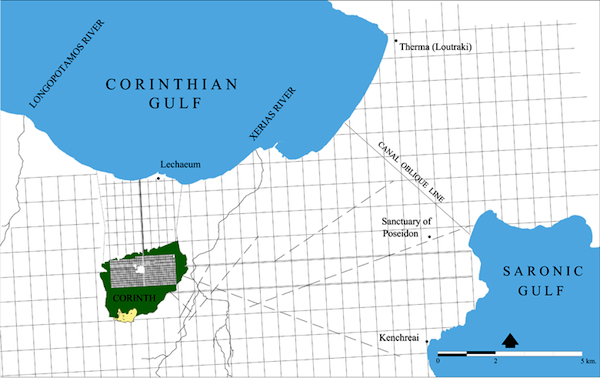 Speculated road connectivity between Corinth and other Greek cities in the Corinthia.