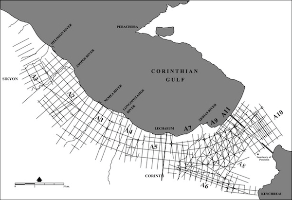 Centuriation grids along the north Corinthian gulf coast.